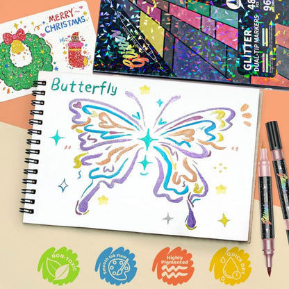 🎨Glitter Effect Brush Markers🥇✨: Create Sparkling Art Smoothly 🥳(🌈24-96 Colors | Smooth No Clog | No Bleed Through📝)