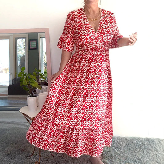 👗Flash Sale 50% OFF NOW🔥Bohemian casual print V-neck waist wrap long dress