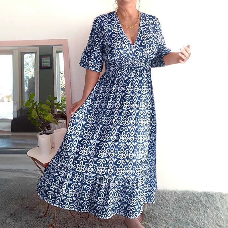 👗Flash Sale 50% OFF NOW🔥Bohemian casual print V-neck waist wrap long dress